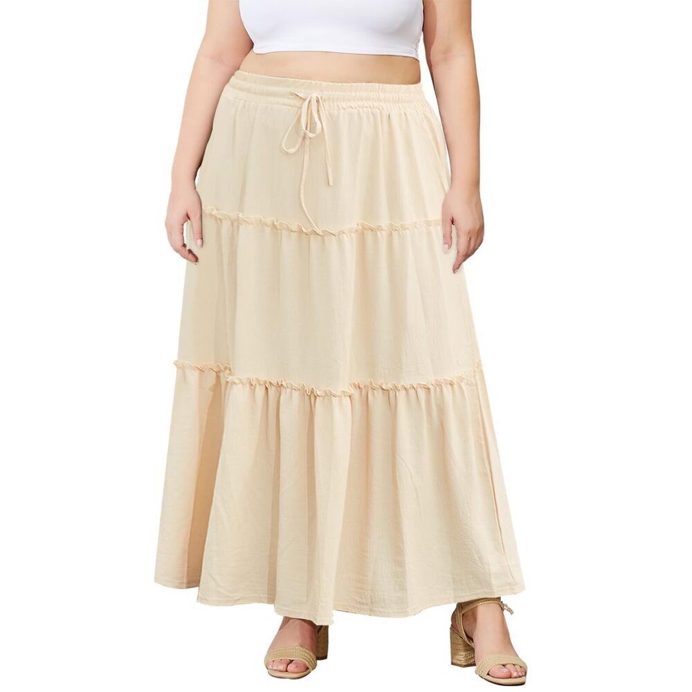 3581 Plus Size Maxi Skirt High Waisted Pleated A Line Flowy Tiered Long